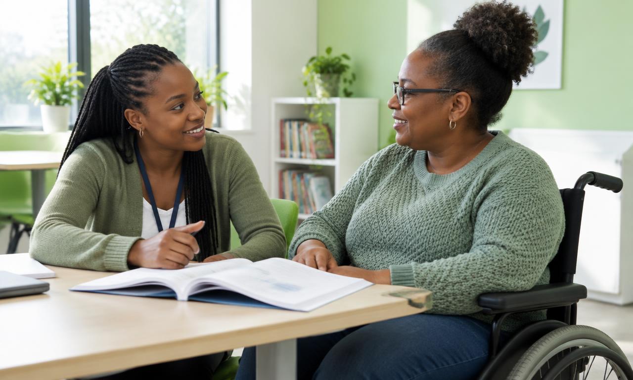 Support professional and wheelchair user discussing learning together