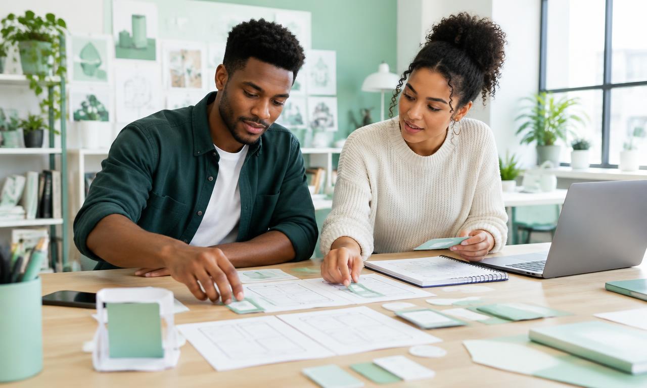 Designers reviewing paper wireframes and prototypes