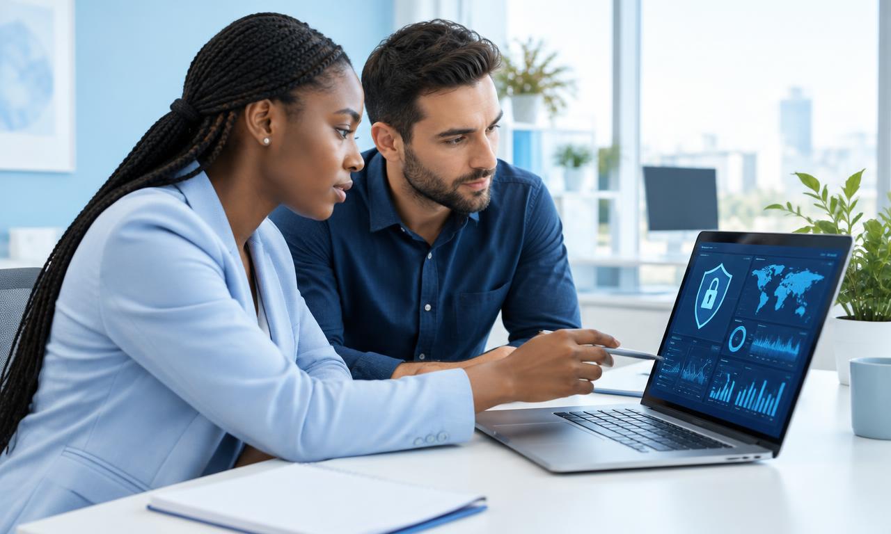 Two analysts reviewing digital security at a laptop