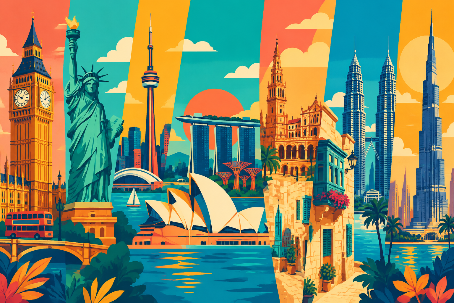 Illustrated landmarks from all nine study destinations